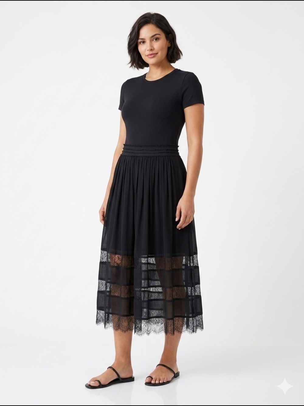 H&M Black Lace-Panel Midi Skirt